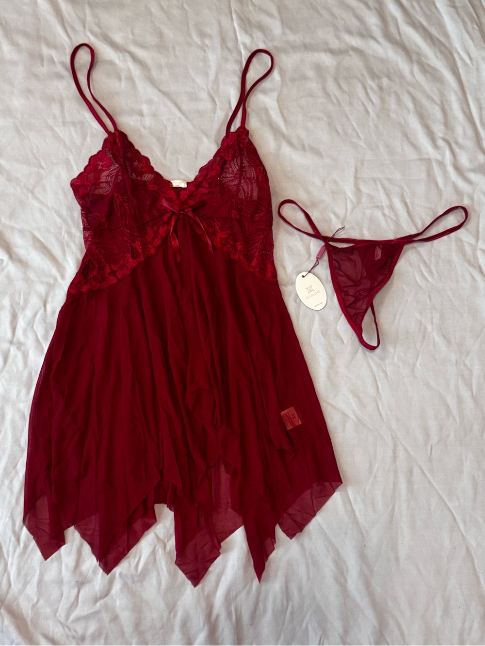 Avidlove Burgundy Lace Babydoll Lingerie Set Thong XL NWT